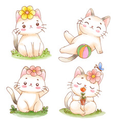 watercolor cute cat cartoon design, Doodle cartoon style.