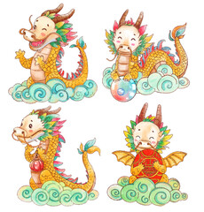 cartoon character dragons design for Chinese new year 2024, year of the dragon. Animal holidays cartoon character set.