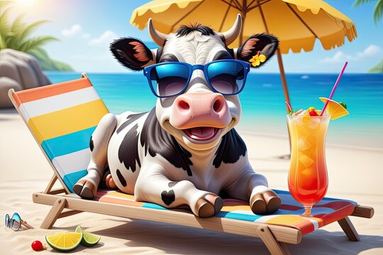 Happy cow in sunglasses in 3D style, chill-out enjoying a summer cocktail by the sandy beach at sunny day.Vacation, holiday and relax concept.