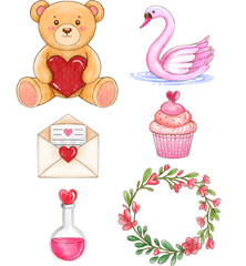 A set of six hand-painted watercolor illustrations perfect for Valentine’s Day designs, featuring a teddy bear with a heart, a swan, an envelope with a heart seal, a cupcake with heart decoration.