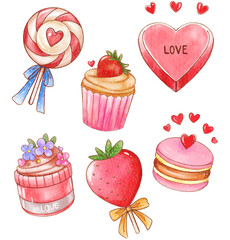 Watercolor Valentine Sweets and Hearts Collection.watercolor illustrations of Valentine-themed sweets, including a lollipop, cupcake, macaron, and candies with hearts and love inscriptions.