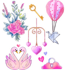 A charming set of watercolor illustrations featuring lovebirds, floral bouquet, vintage key, heart balloons, and whimsical accents.