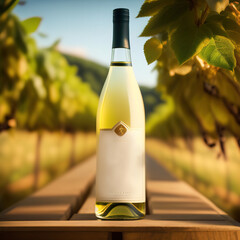 Eye-level commercial film photography of a white wine bottle in the middle of vines from the south of France, Ai-generated - 720443542