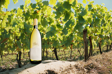 Eye-level commercial film photography of a white wine bottle in the middle of vines from the south of France, Ai-generated - 720443555