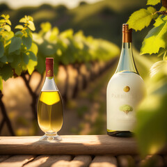 Eye-level commercial film photography of a white wine bottle in the middle of vines from the south of France, Ai-generated - 720443561