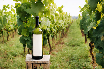 Eye-level commercial film photography of a white wine bottle in the middle of vines from the south of France, Ai-generated - obrazy, fototapety, plakaty