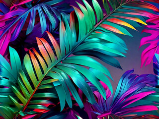 Fototapeta na wymiar Tropical palm leaves in vibrant neon gradient