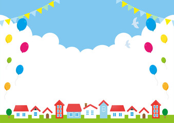 Sky background with flying balloons illustration material.