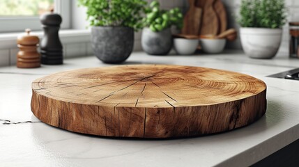 Fototapeta premium Round wooden board sits empty on a white stone kitchen
