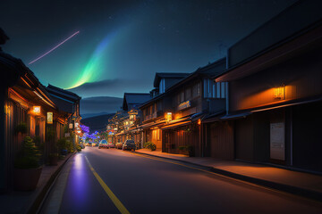 Fantasy city, night, with lights and beautiful sky, in japanese, Ai generated - 720444737