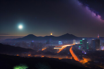 Fantasy city, night, with lights and beautiful sky, in japanese, Ai generated - 720444749