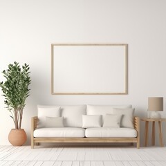 modern calm living room with sofa and mockup for painting, empty space for text 