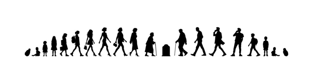 Vector illustration. Silhouette of growing up man from baby to old age. Many people of different ages in a row.