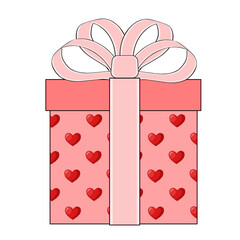 Red Heart Pattern Gift Box With Pink Ribbon Vector Illustration