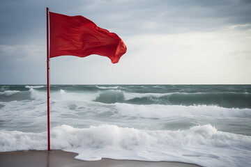 Red flag at ocean beach with big waves and storm.	