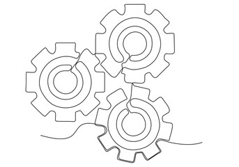 Continuous line drawing of machine gears. Gear vector illustration with cogs on transparent background. Machine gear technology concept in doodle style