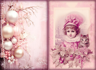 Fototapeta premium Junk journal pages, vintare retro old paper texture for scrapbooking, pink pastel colors