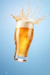 Glass of splashing beer levitation, isolated on light blue background