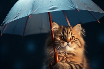 Cute cat sitting under umbrella. Pet protection and insurance concept.