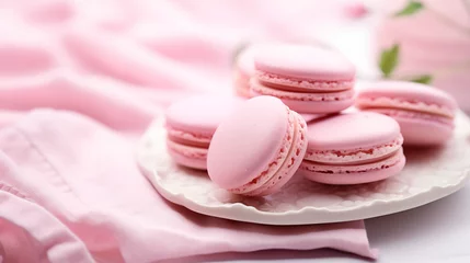 Keuken spatwand met foto Pale pink French macarons on a pretty plate. © Maria Colomy