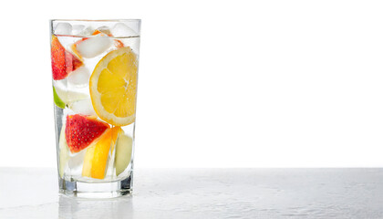 Refreshing water with ice cubes and fruits on a white background