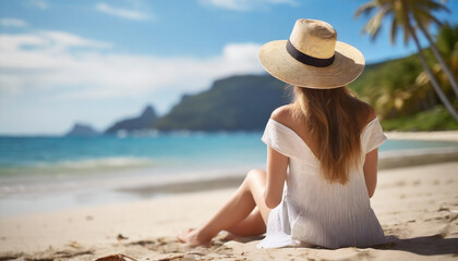 happy young woman in wearing hat on summer vacation on beautiful tropical beach