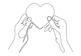 Continuous line drawing of hands giving hearts and receiving cute and sweet heart gifts. For Valentine's Day greeting cards, birthdays, love wishes for couples. Hands holding heart in doodle style.