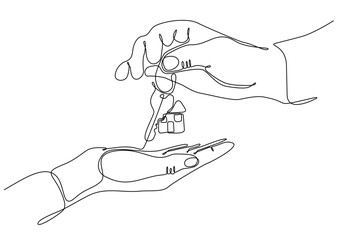 continuous line drawing of real estate agent giving keys to apartment owner, buying selling property business. Close up of hand (man or woman) taking house keys from realtor.