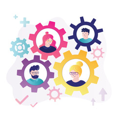 Colleagues working on common project, goals. Team or organization, collaboration for success, team effort concept, business people working to rotate connected cogwheels gear.