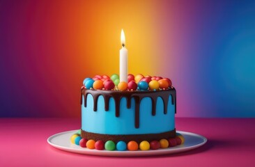 delicious birthday cake on plate with lighted candle on colorful background.