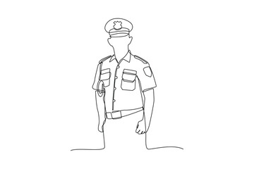 a policeman was on duty paying attention to the surrounding area . Professional work job uniform. Minimalism concept one line draw graphic design vector illustration