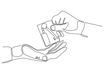 continuous line drawing of real estate agent giving keys to apartment owner, buying selling property business. Close up of hand (man or woman) taking house keys from realtor.