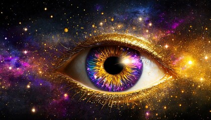 Eye with universe in the background and galaxy in the iris - obrazy, fototapety, plakaty