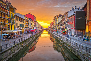 Naviglio Canal, Milan, Lombardy, Italy at Dusk