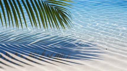 Fototapeta na wymiar Tropical palm leaf shadow on water and white sand beach creating beautiful abstract background