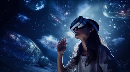 VR World Kid is captivated by a virtual cosmos, exploring galaxies with a VR headset against a backdrop of stars and planets. Generative ai 