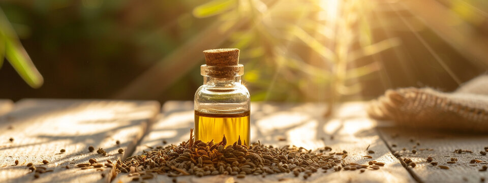 jar with essential oil extract of cumin oil on a wooden background