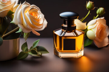 A bottle of premium perfume, surrounded by a bouquet of fresh roses., Ai-generated - 720449122