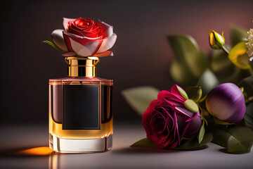 A bottle of premium perfume, surrounded by a bouquet of fresh roses., Ai-generated - 720449145