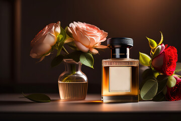 A bottle of premium perfume, surrounded by a bouquet of fresh roses., Ai-generated - 720449146