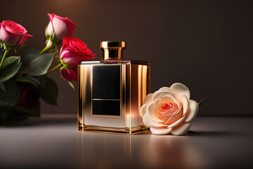 A bottle of premium perfume, surrounded by a bouquet of fresh roses., Ai-generated - 720449154