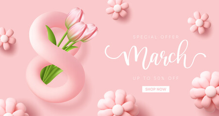 Fototapeta na wymiar Modern Women's Day banner with 3d 8 number and tulip flowers. Vector illustration.