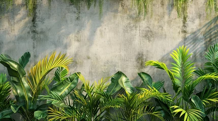 Fototapeten A tropical oasis mural on a blank concrete wall, featuring lush greenery and palm trees Background the texture of the concrete wall, providing a stark contrast Colors vivid greens of the foliag © 1st footage