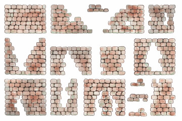 Texture of a brick wall. Hand drawn. Abstract background of white brick masonry. Running masonry. Vector illustration. Brick wall under old plaster. Pieces of a brick wall. Brickwork elements.