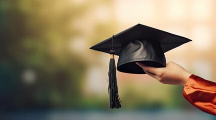 Woman Holding Graduation Cap Hat in Blur Sky Background. Celebrating Graduation, Putting Hand Up, Diploma, Degree, Successful, Study, Education, University - obrazy, fototapety, plakaty