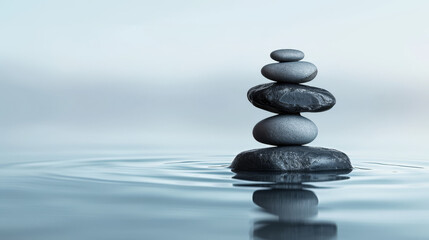 Fototapeta na wymiar Zen stones stacked in water with a serene blue background and reflection in water.