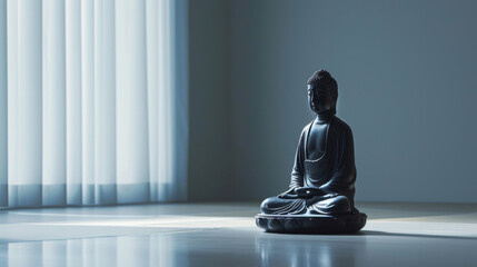 A serene Buddha statue in meditation on a simple background.