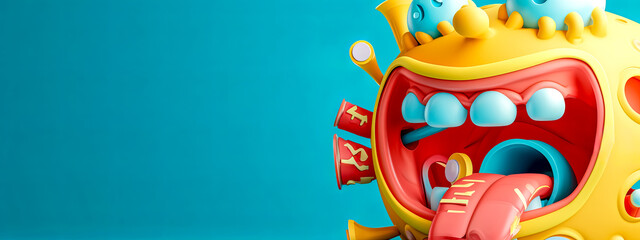 whimsical cartoon character with a wide-open mouth, against a vibrant turquoise background, suitable for an entertaining and playful concept with space for text.