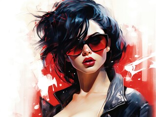 Painting of a Woman Wearing Sunglasses and a Leather Jacket