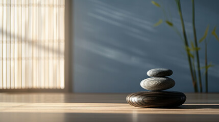 Zen stones stacked in an empty room with shadows on the wall. Ideal for product placement.